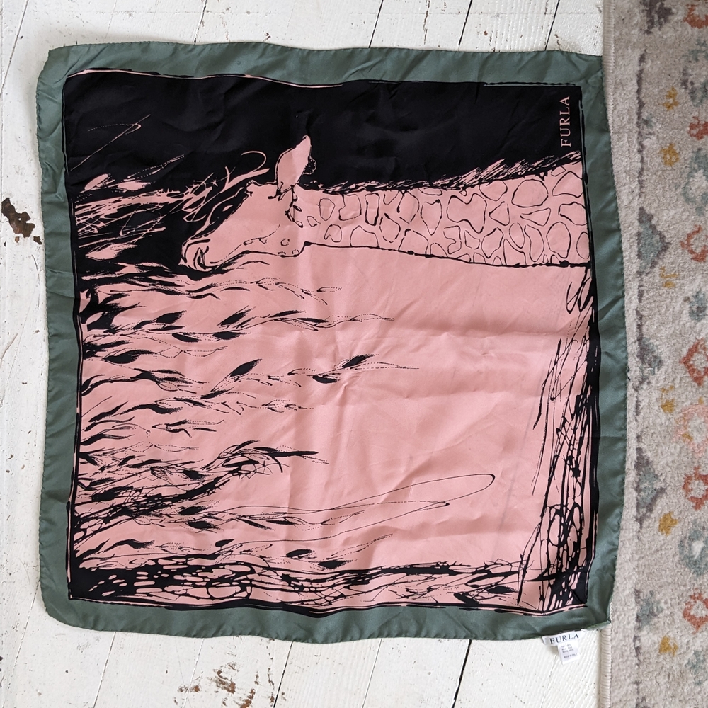 Furla Authentic Silk Pink and Black Scarf with Giraffe
